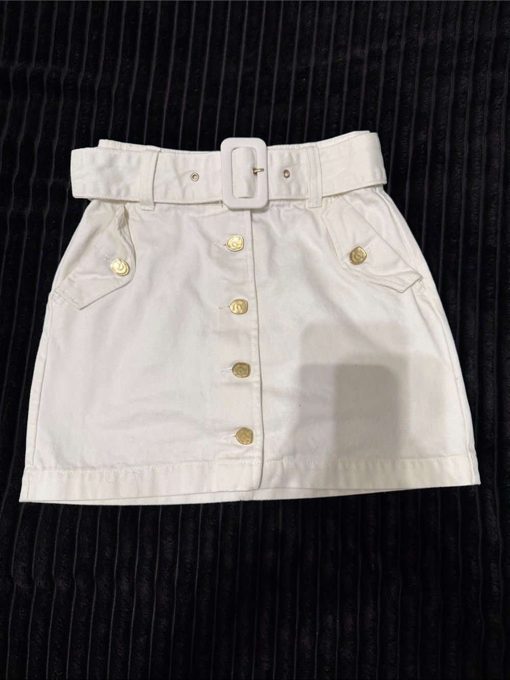 High-Rise White Button-Front Mini Skirt with Belt